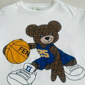 Fendi Kids White Tee with Bear and Basketball Graphic